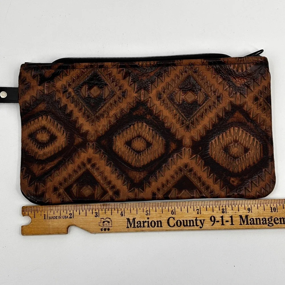 Hide Junkie Wristlet Women Brown Aztec Tooled Leather Zip Clutch Made in USA